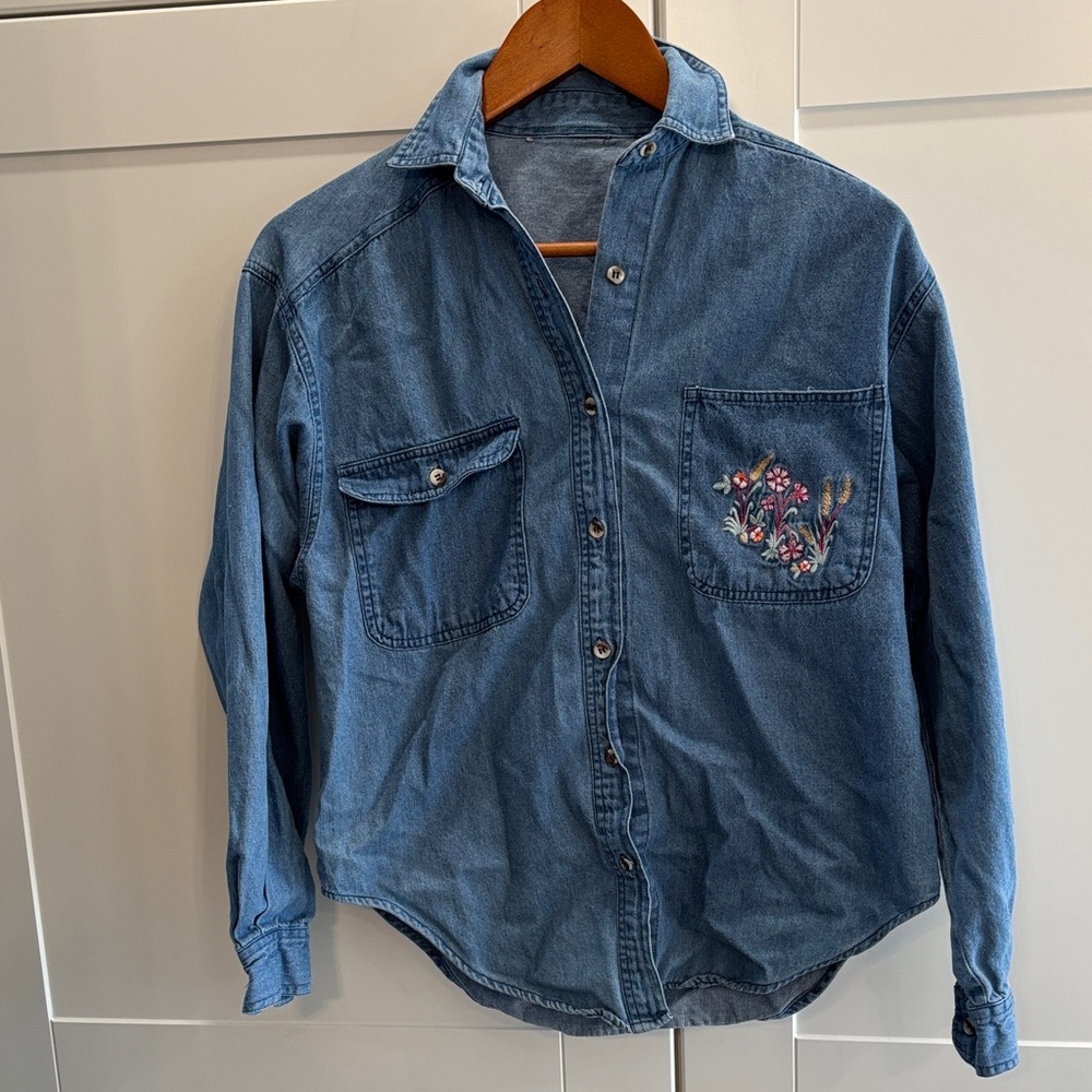 Embroidered Denim Button-Up Shirt - Blue
